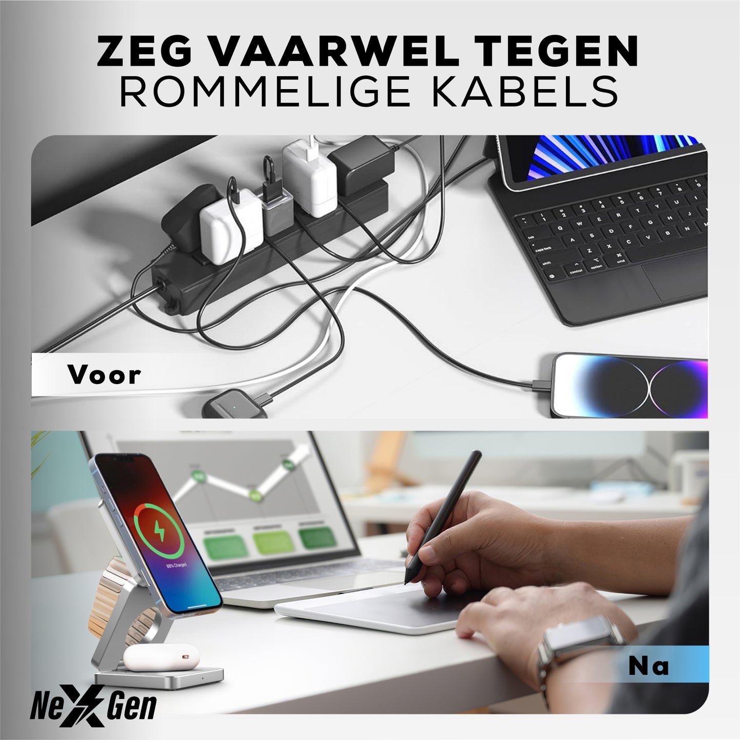 NexGen 3 in 1 draadloze oplader zilver
