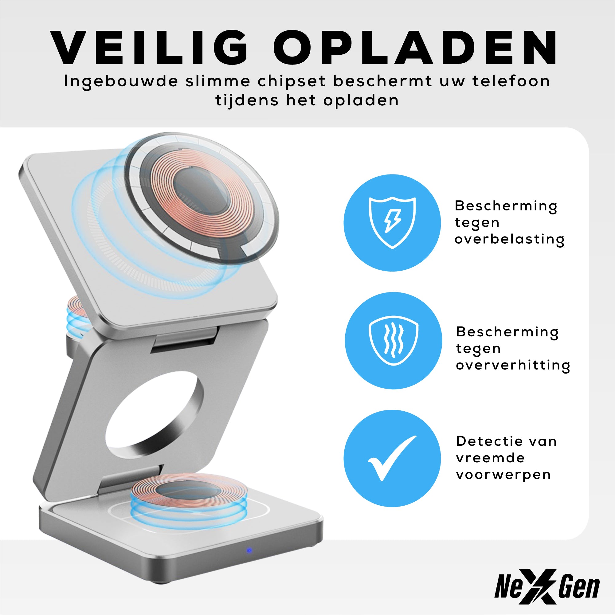 NexGen 3 in 1 draadloze oplader zilver